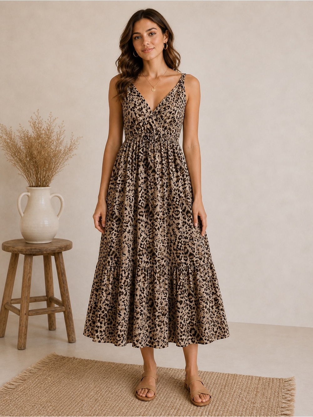 Leopard Print A-Line Cottagecore Boho Midi Dress Small Empire Waist Flowy